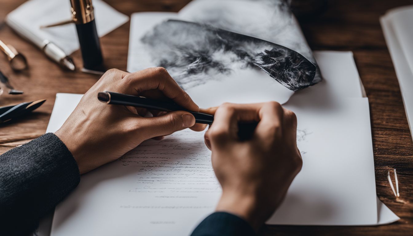 Two hands writing with pens on contrasting surfaces in a still life setting.