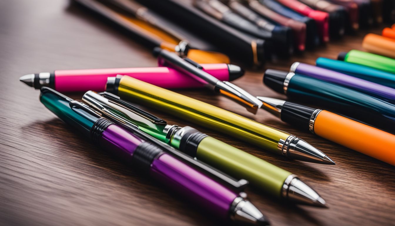 A variety of colorful rollerball pens and elegant stationery on a stylish desk.