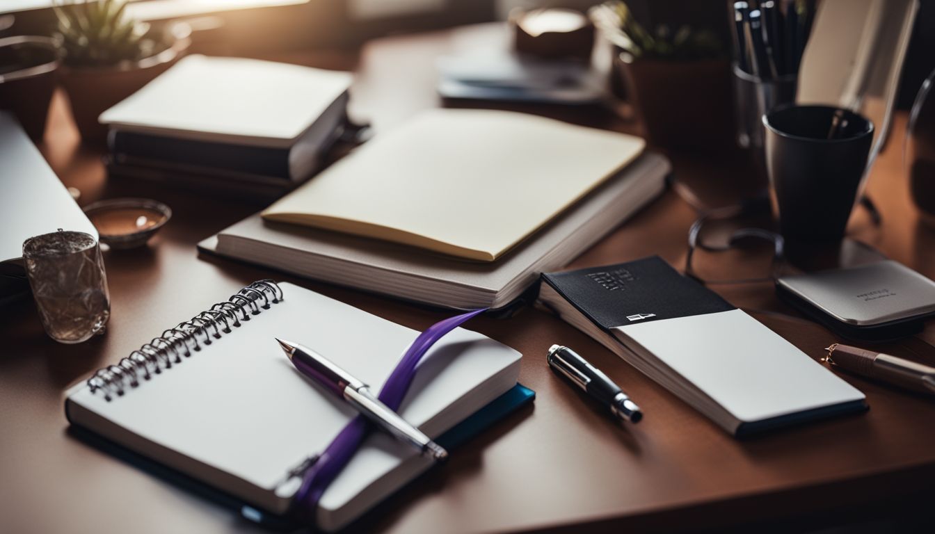 A ballpoint pen and journal surrounded by office supplies on a desk.