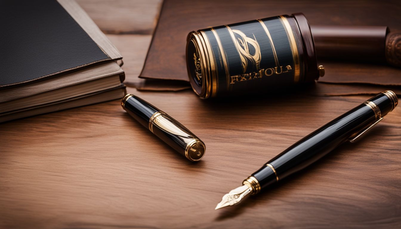 An elegant fountain pen on a polished wooden desk in a bustling atmosphere.