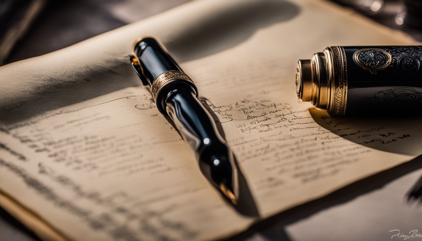 A still life photo featuring an open fountain pen, fresh parchment, and ink bottle.