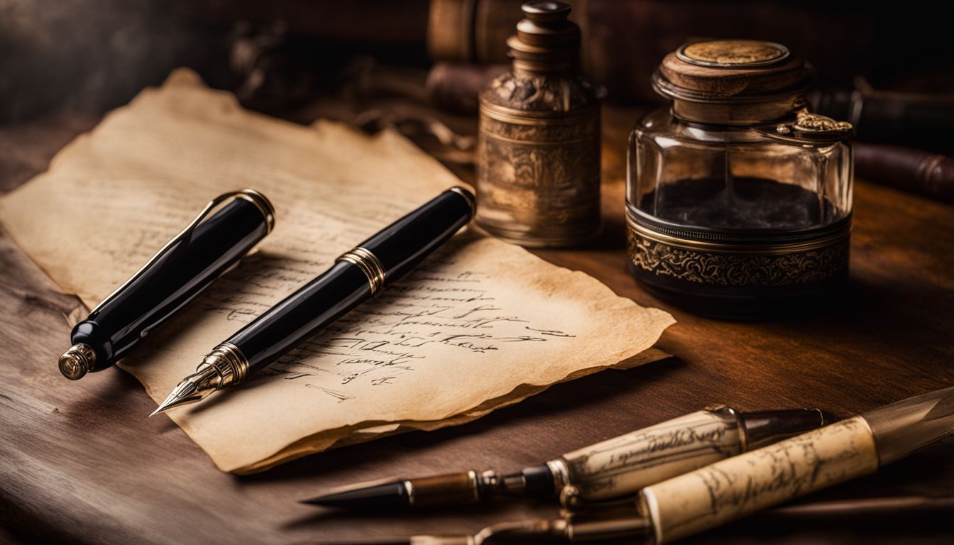 A vintage fountain pen surrounded by antique writing tools on parchment paper.