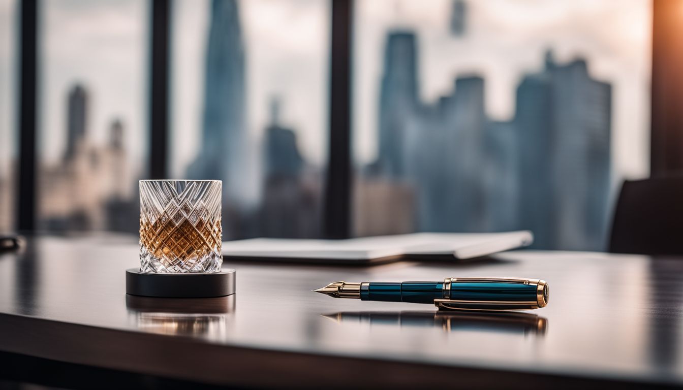 A 3D printed fountain pen on a modern desk in a bustling city.