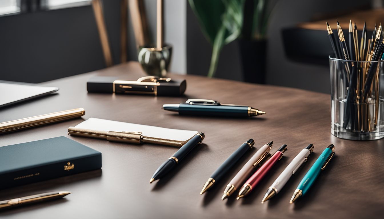 A display of top-branded customizable luxury pens on a stylish desk.