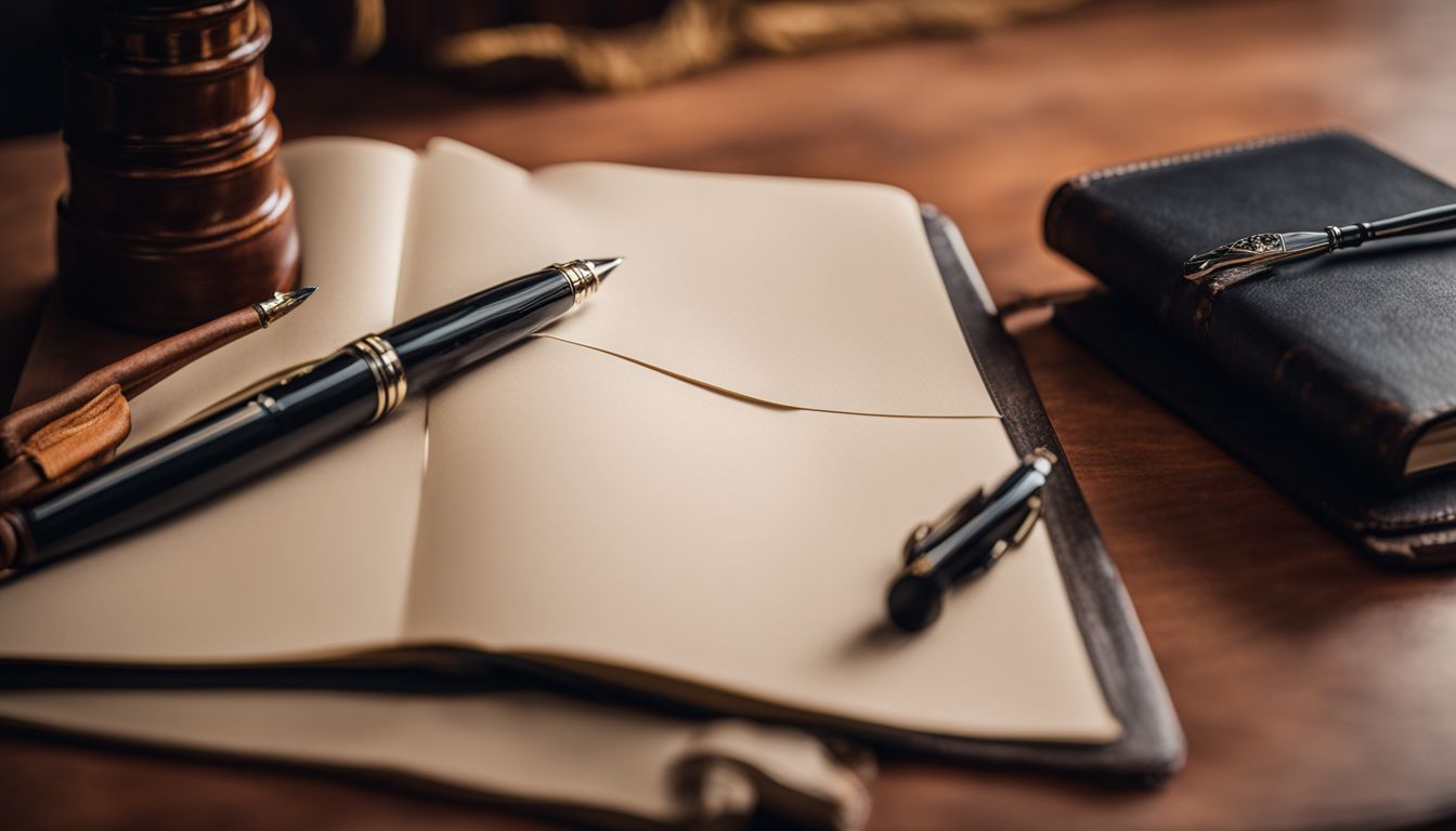 A fountain pen on a vintage desk with leather-bound notebooks.