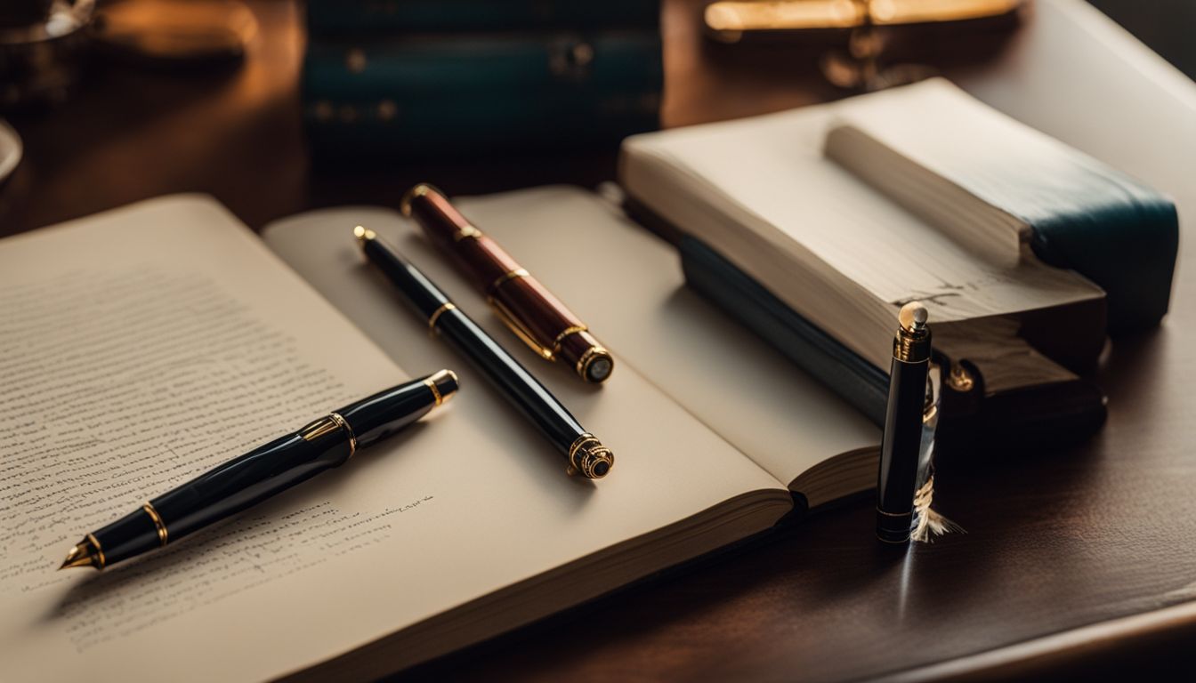 A Kanwrite Desire fountain pen on an elegant wooden writing desk.