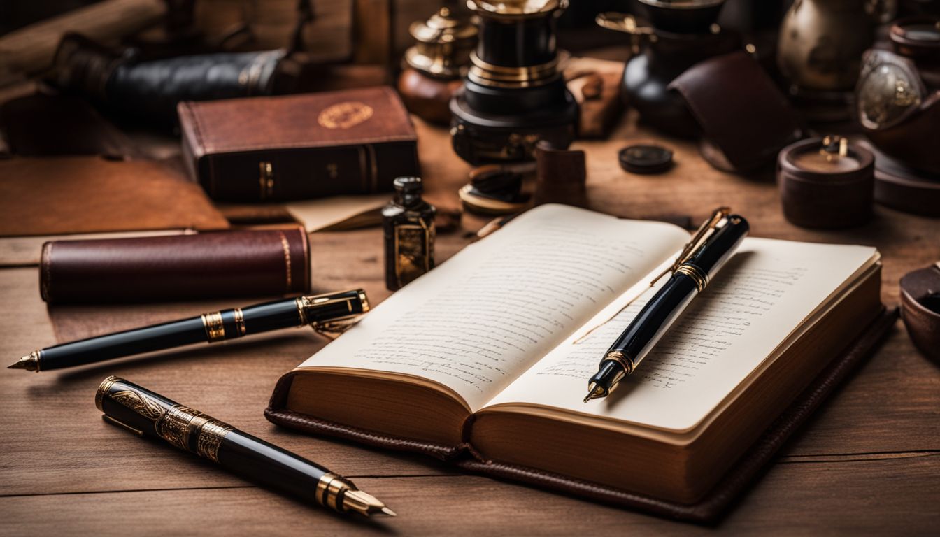 Eboya's fountain pens and leather journals on vintage desk in still life.