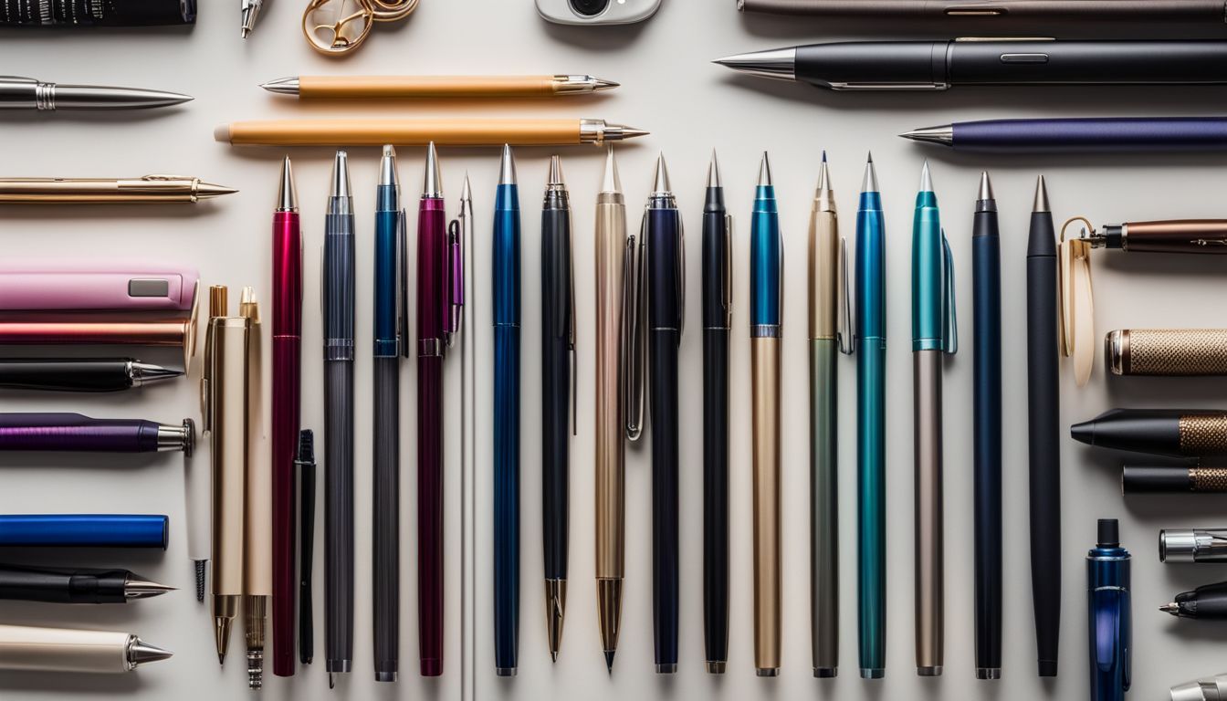 A collection of diverse ballpoint pens on a modern desk.