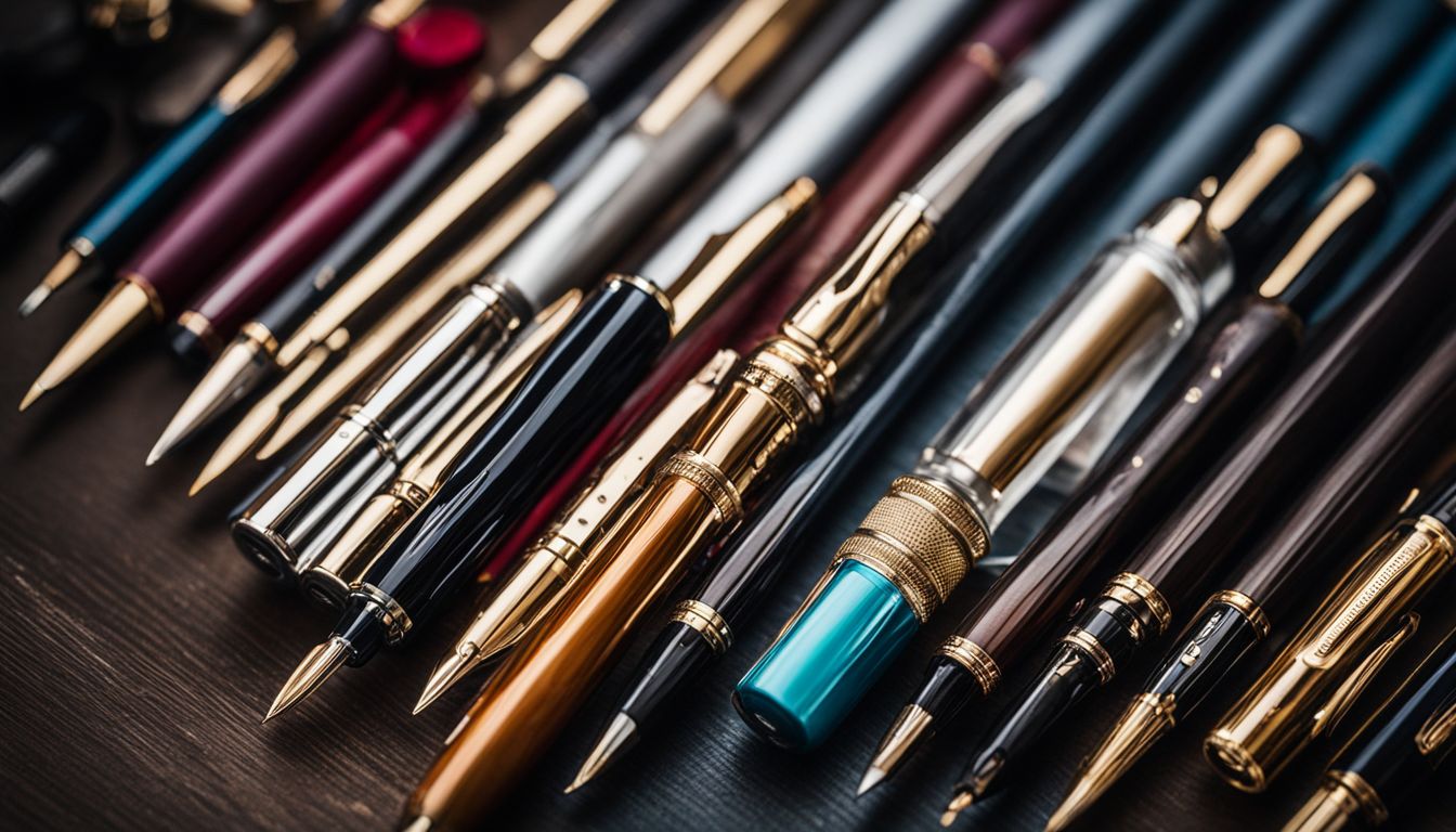 A collection of stylish Platignum fountain pens on a desk.