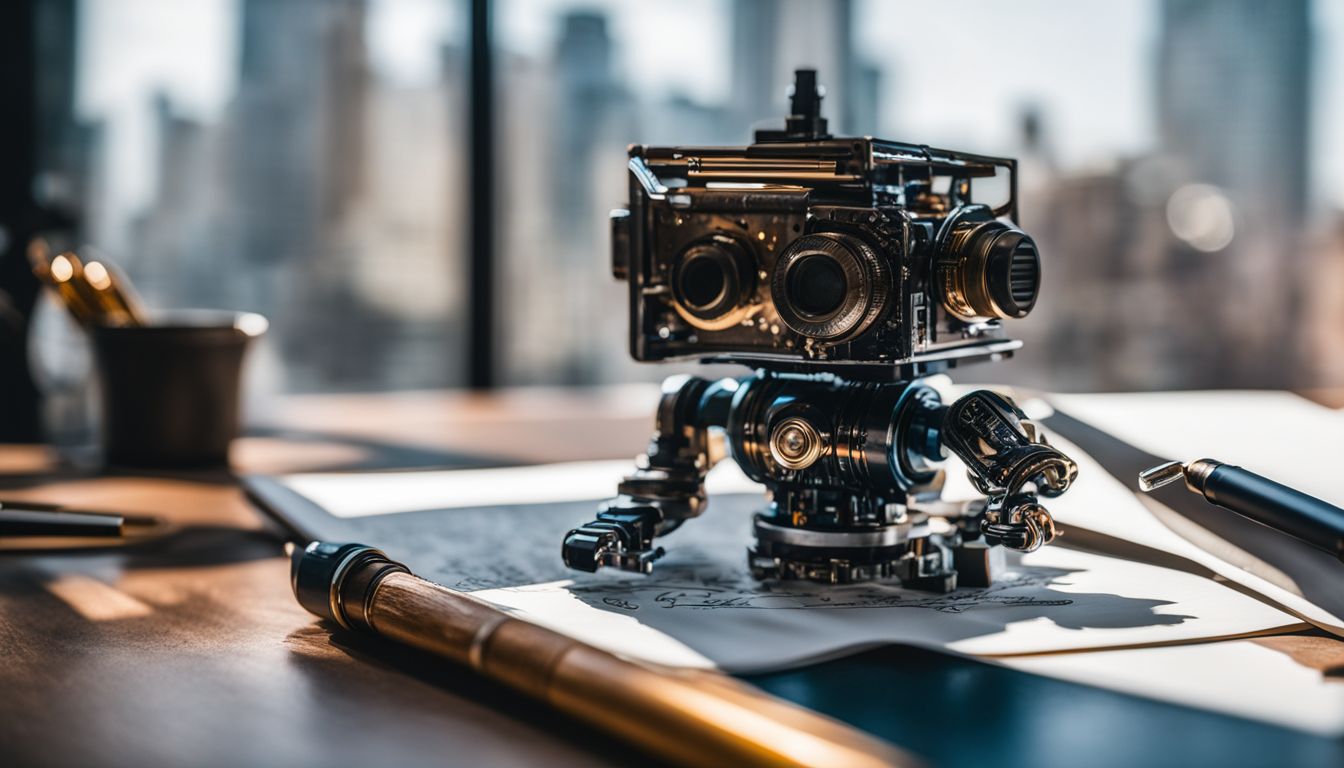 A robot fountain pen on a desk with artistic accessories.