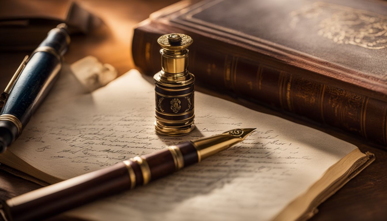 An antique fountain pen on a vintage writing desk with old books.