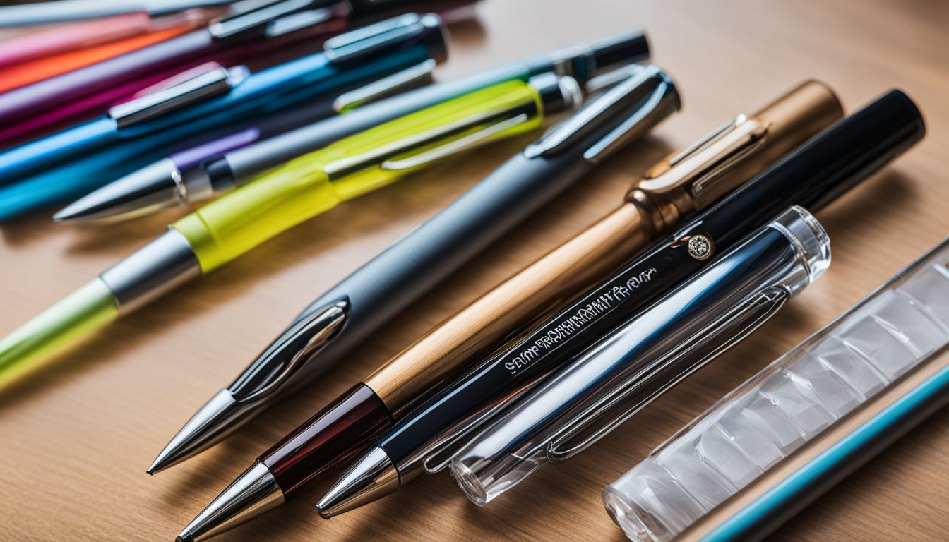 Assorted rollerball pens on a sleek desk with office supplies.