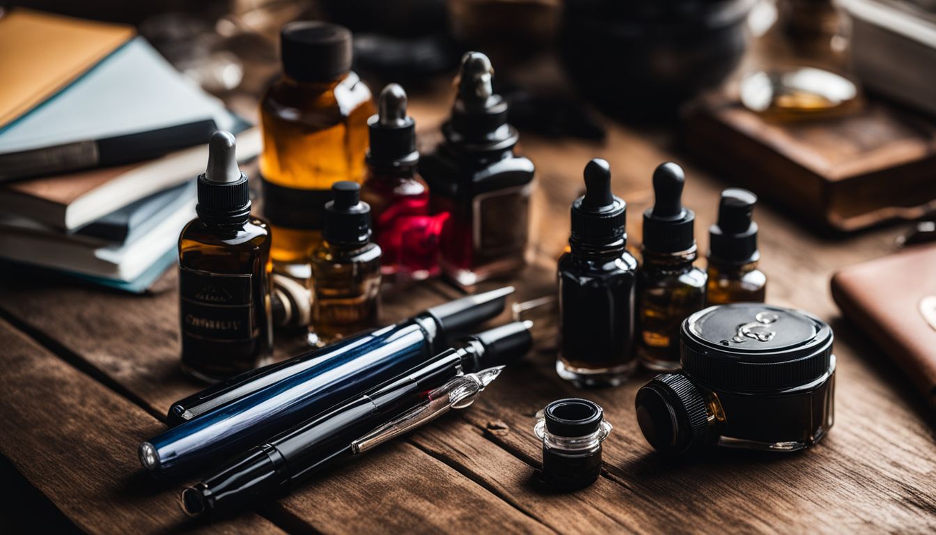 A collection of fountain pen feeds and ink bottles on a desk.