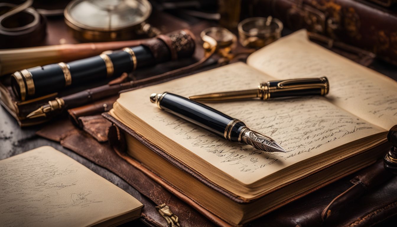 A stylish magnetic fountain pen and vintage journal with antique writing tools.