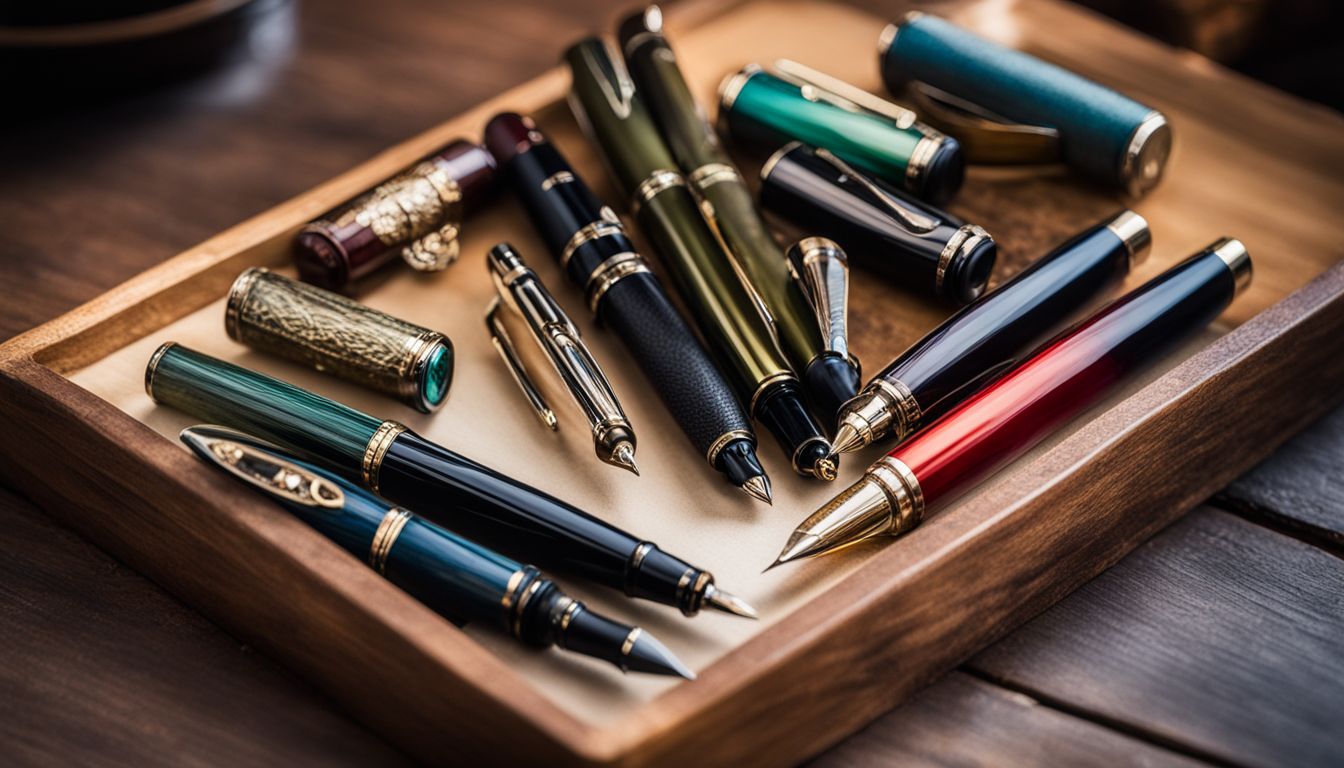 A collection of V'Sign fountain pens on a vintage desk.