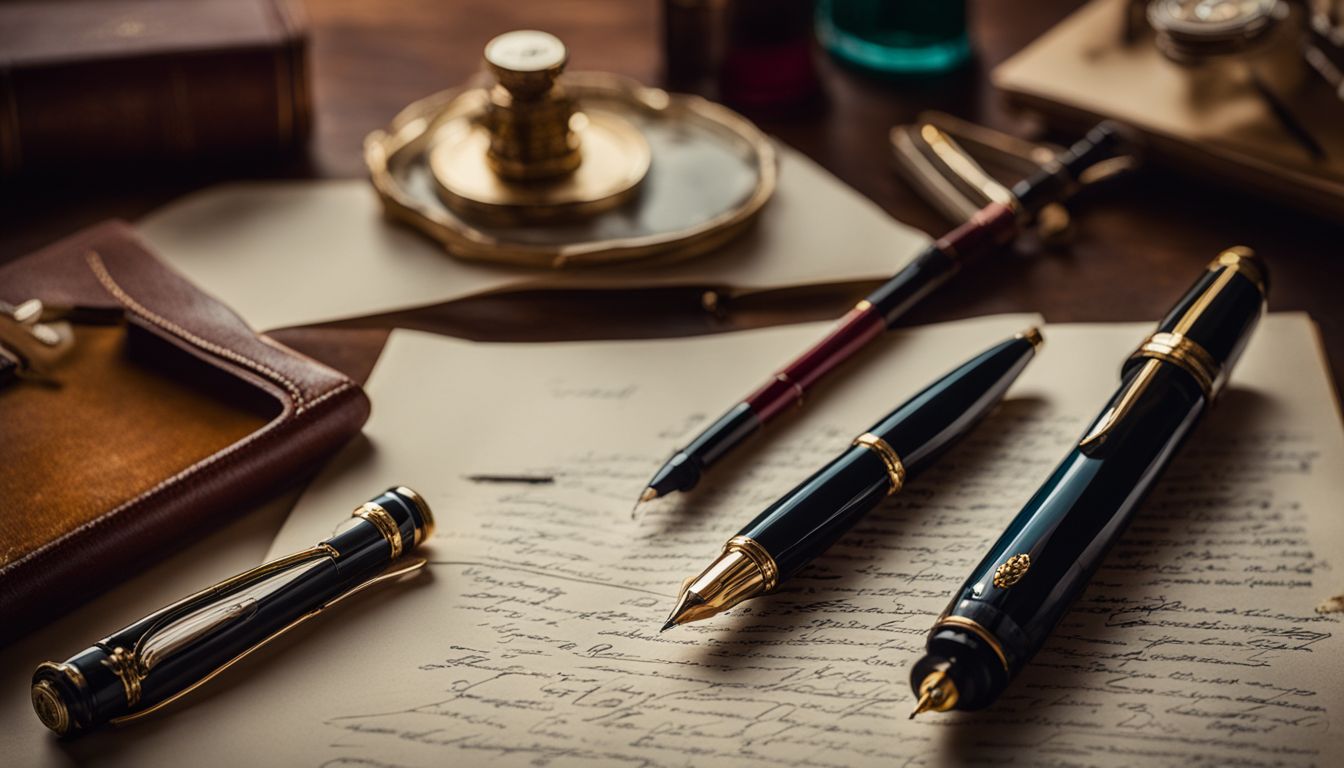 A vintage Wality fountain pen displayed on a classic writing desk.