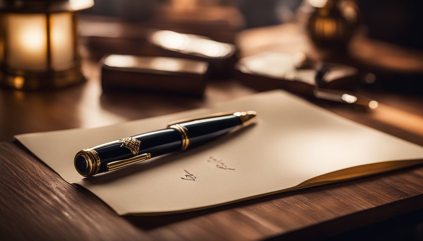 A vintage fountain pen on a luxurious desk in a study.