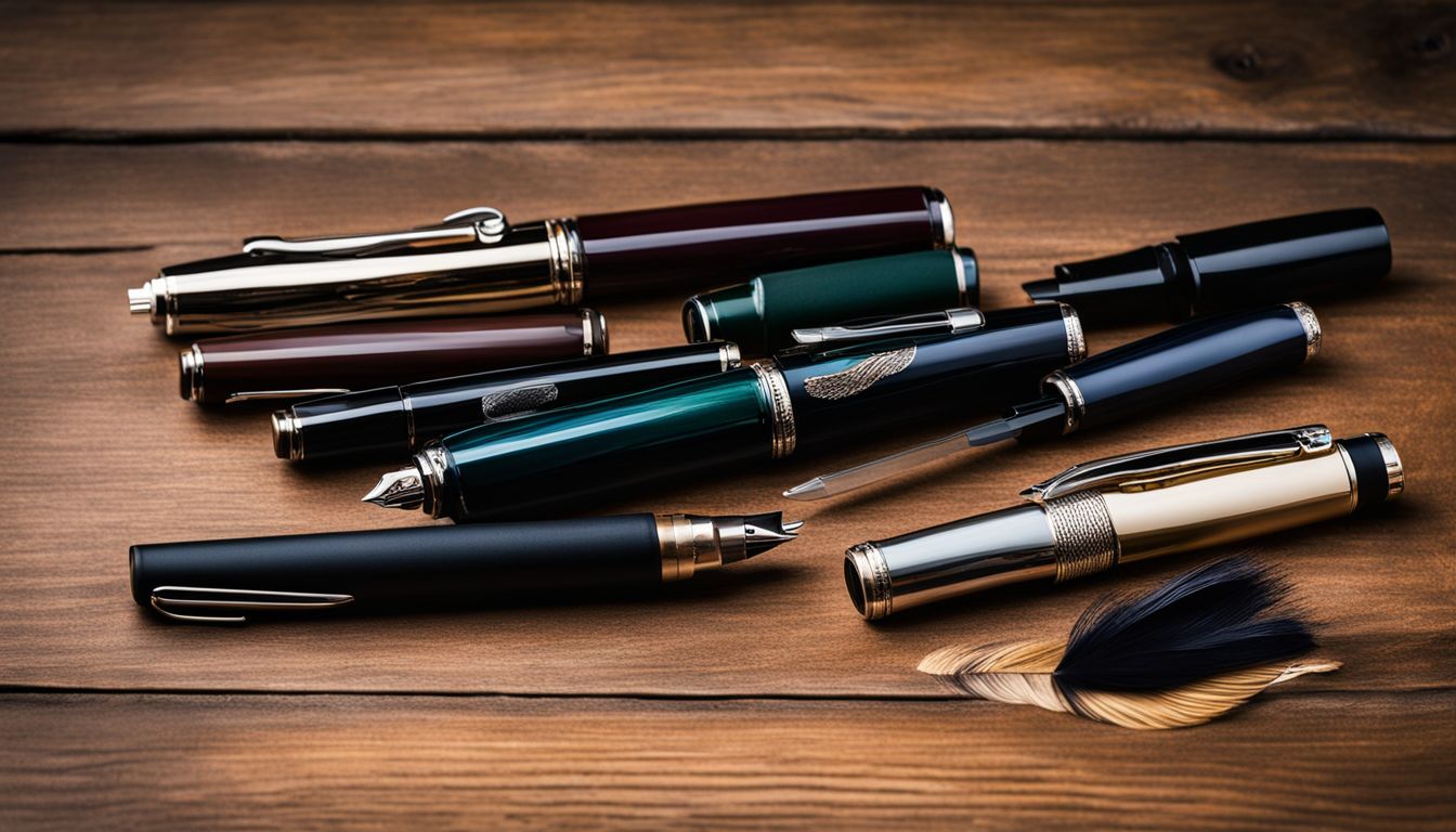 A variety of fountain pen feeds and pens displayed on a wooden desk.