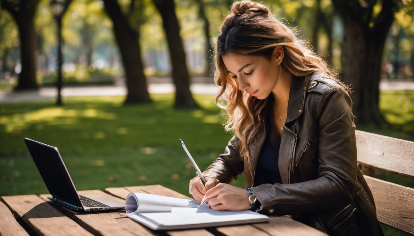 A person writing in a notebook on a park bench surrounded by nature.