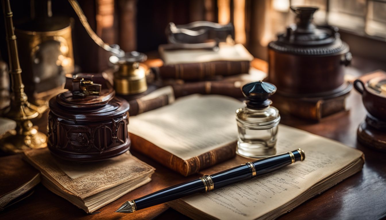 An elegant fountain pen on an antique writing desk surrounded by vintage books.