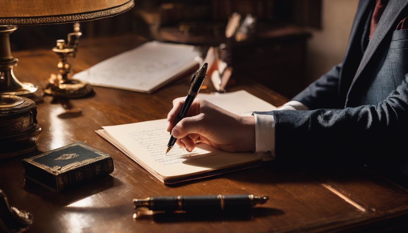 A person writing at a vintage desk surrounded by elegant stationery.