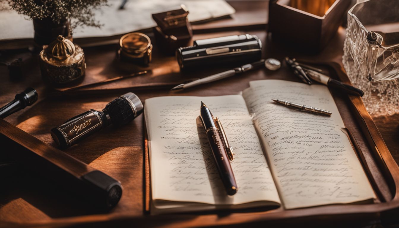 A personalized rollerball pen on a vintage desk surrounded by calligraphy tools.