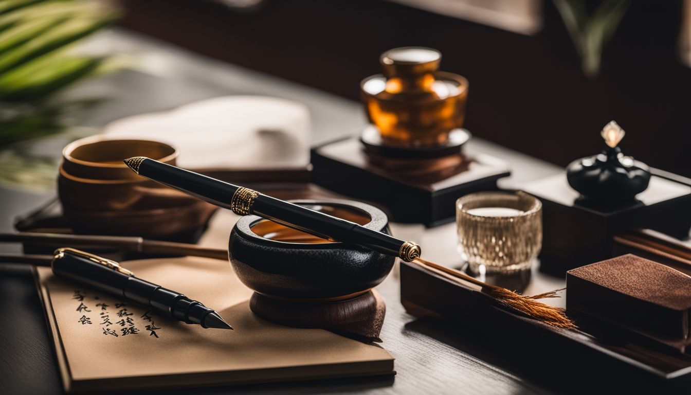 An exquisite Eboya fountain pen resting on a traditional Japanese inkwell.