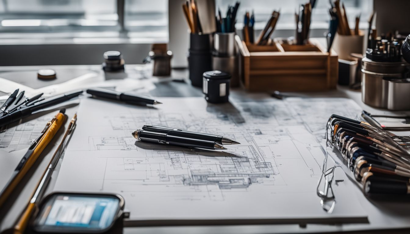 A dissected ballpoint pen on a technical drawing table with drafting tools.