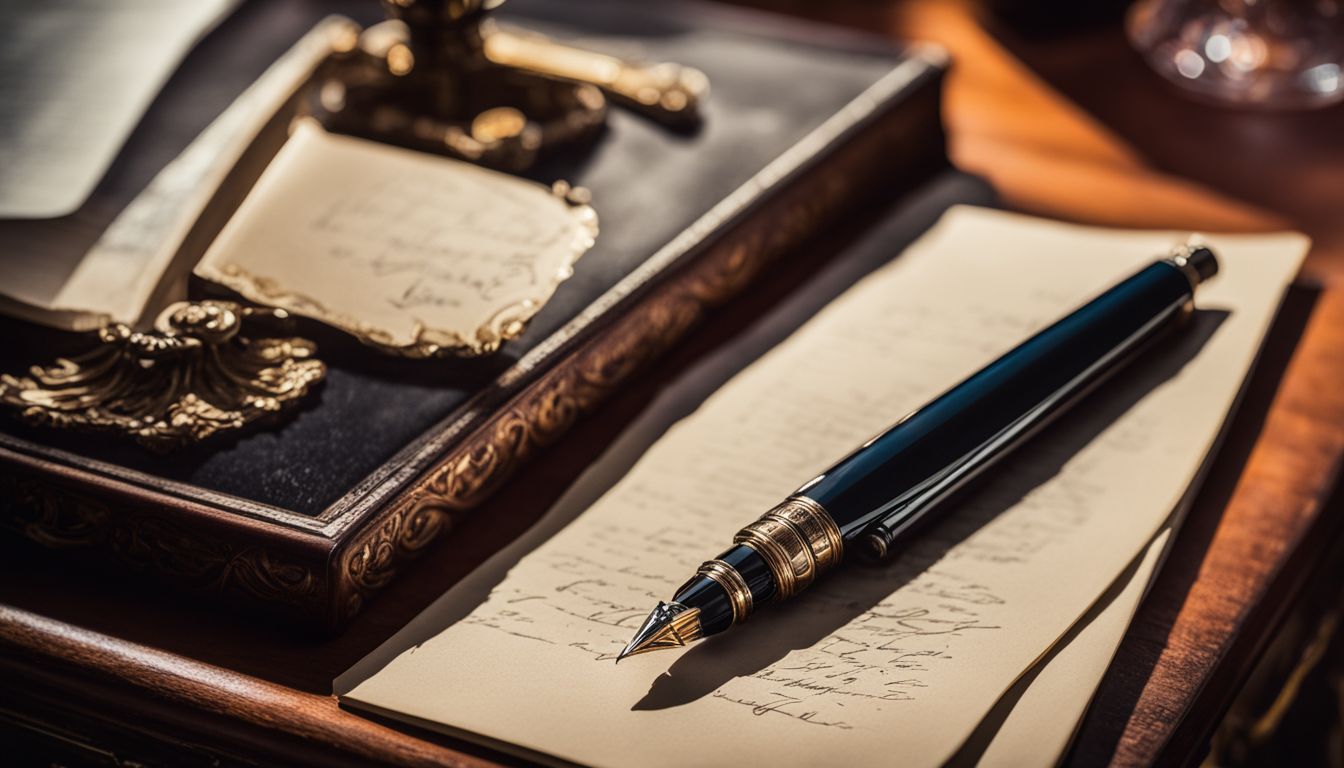 A vintage fountain pen on a writing desk in a busy setting.