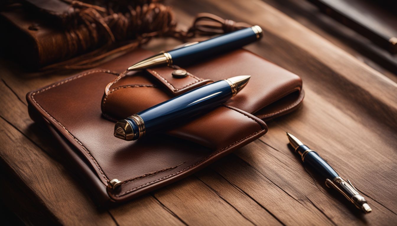 A vintage-style ballpoint pen on a desk with leather accessories.