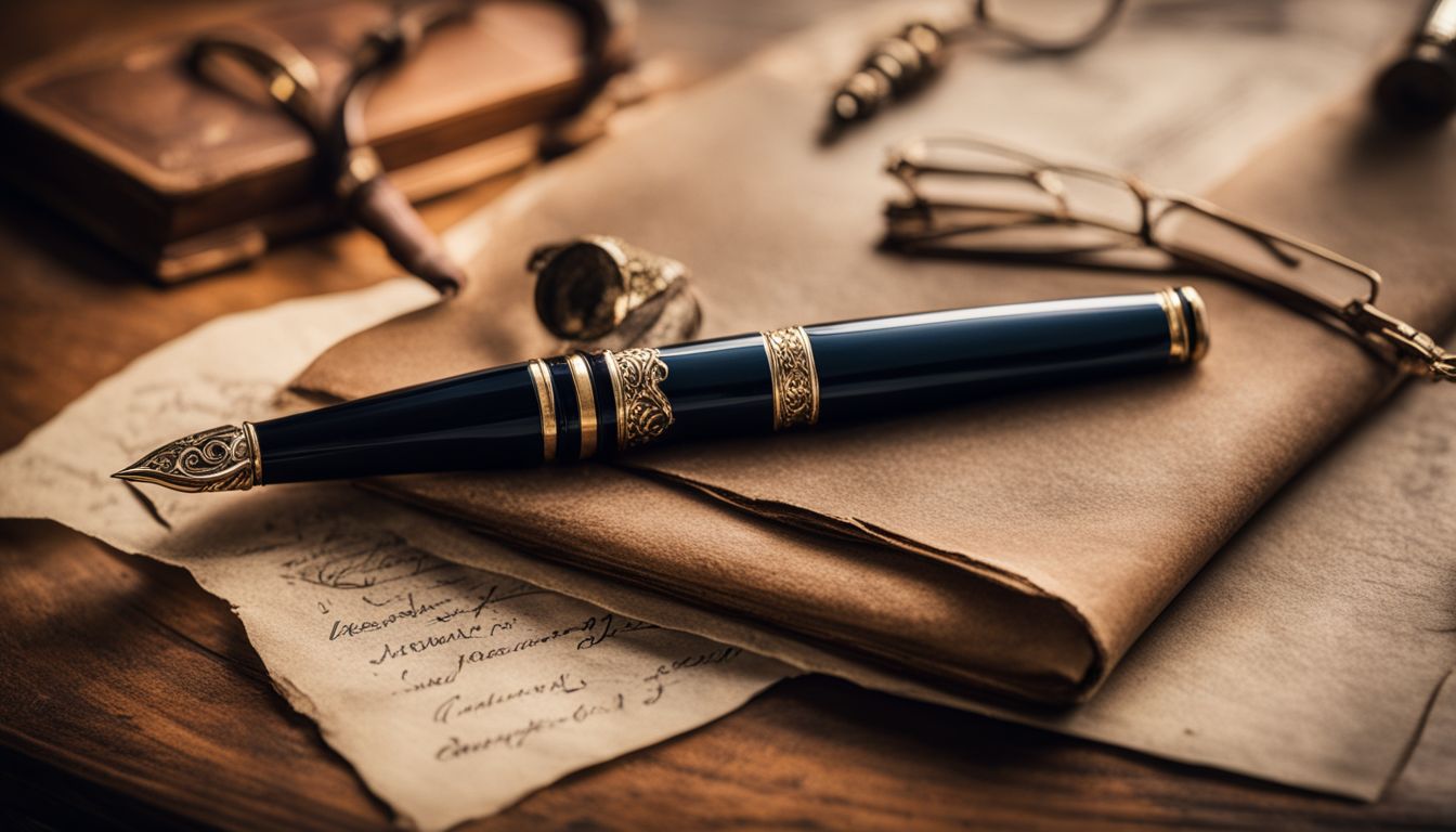 A vintage desk with antique writing tools in a still life photo.