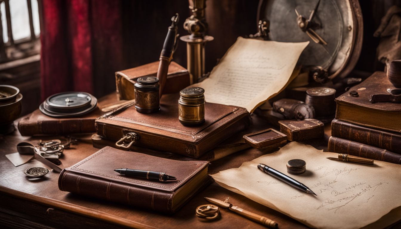 A vintage desk with antique writing tools and parchment.