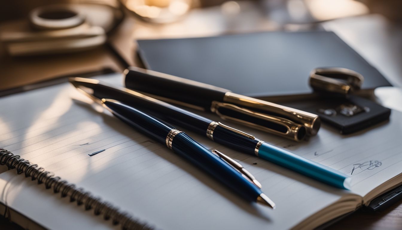 A close-up still life photo of various writing instruments on a notebook.