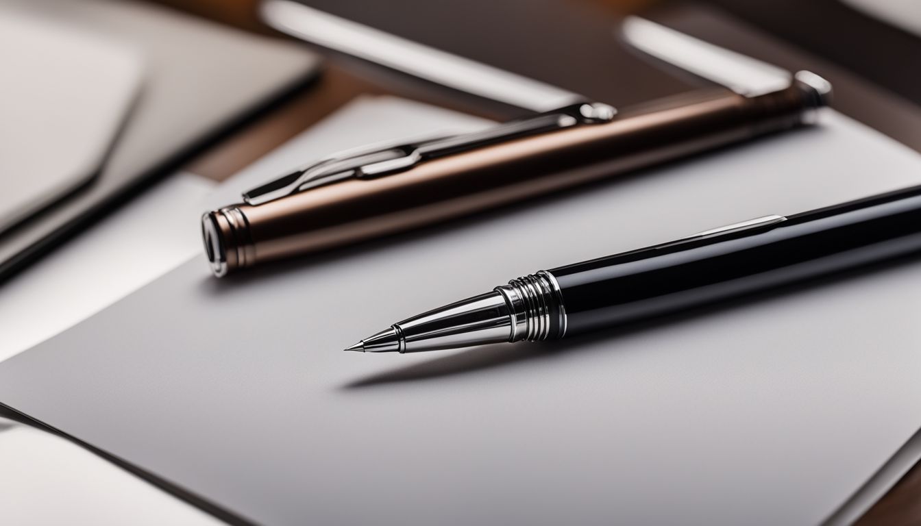 A rollerball pen glides over a blank page on an office desk.