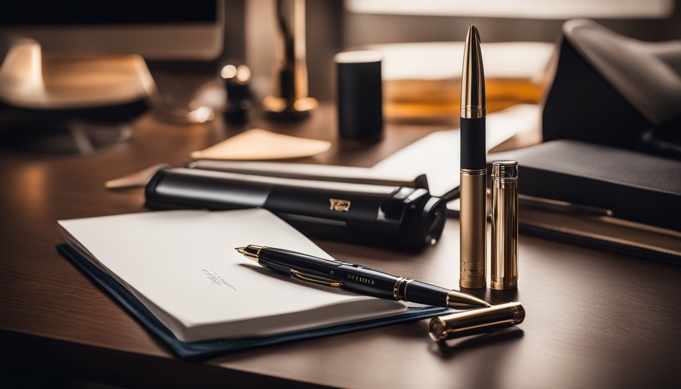 A luxury rollerball pen on an organized desk in a bustling atmosphere.