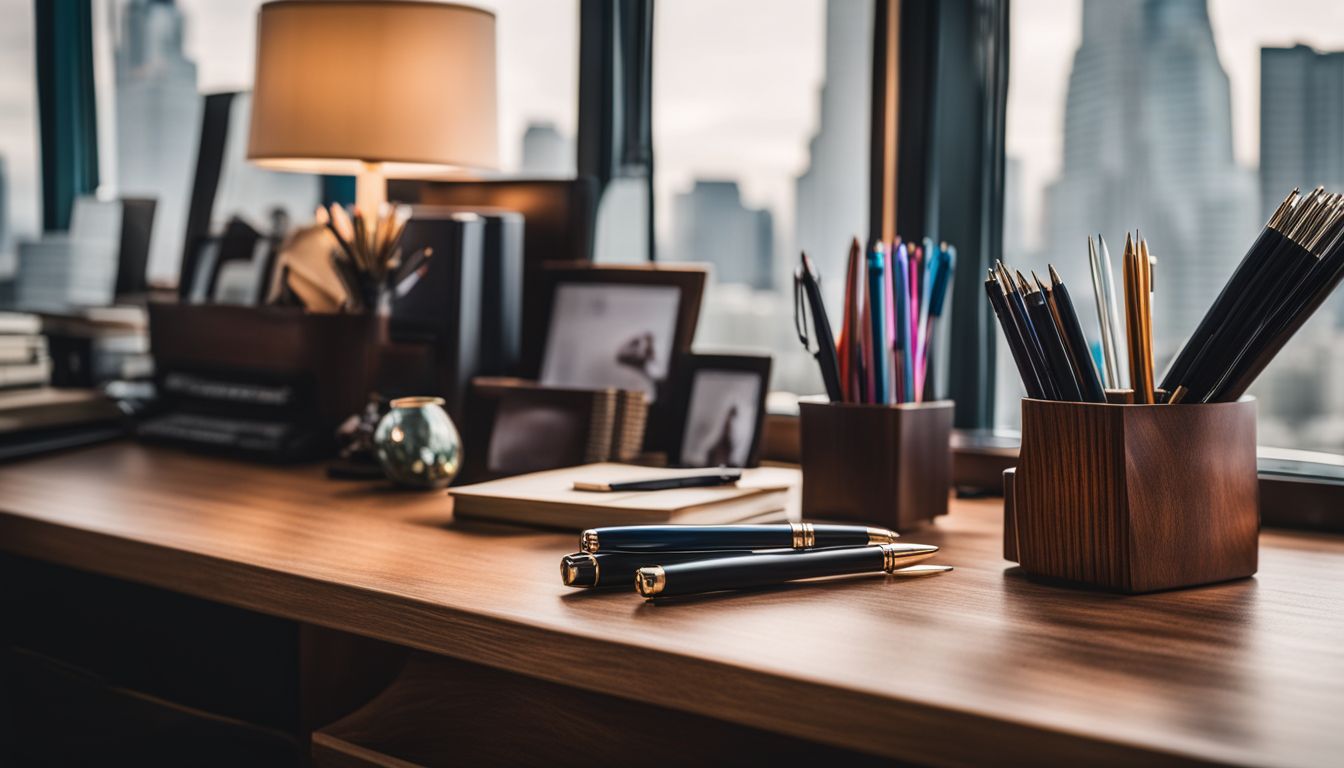 A vintage pen holder on a busy desk with various pens.