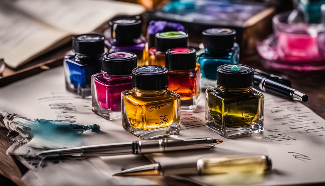 A collection of colorful fountain pen inks and artistic writing accessories.