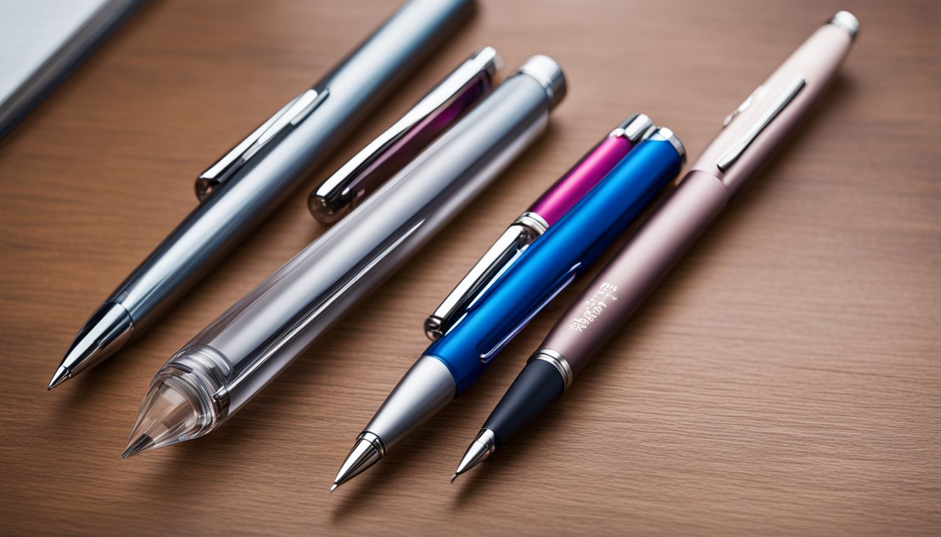 Two ballpoint pens on a modern desk in an office setting.