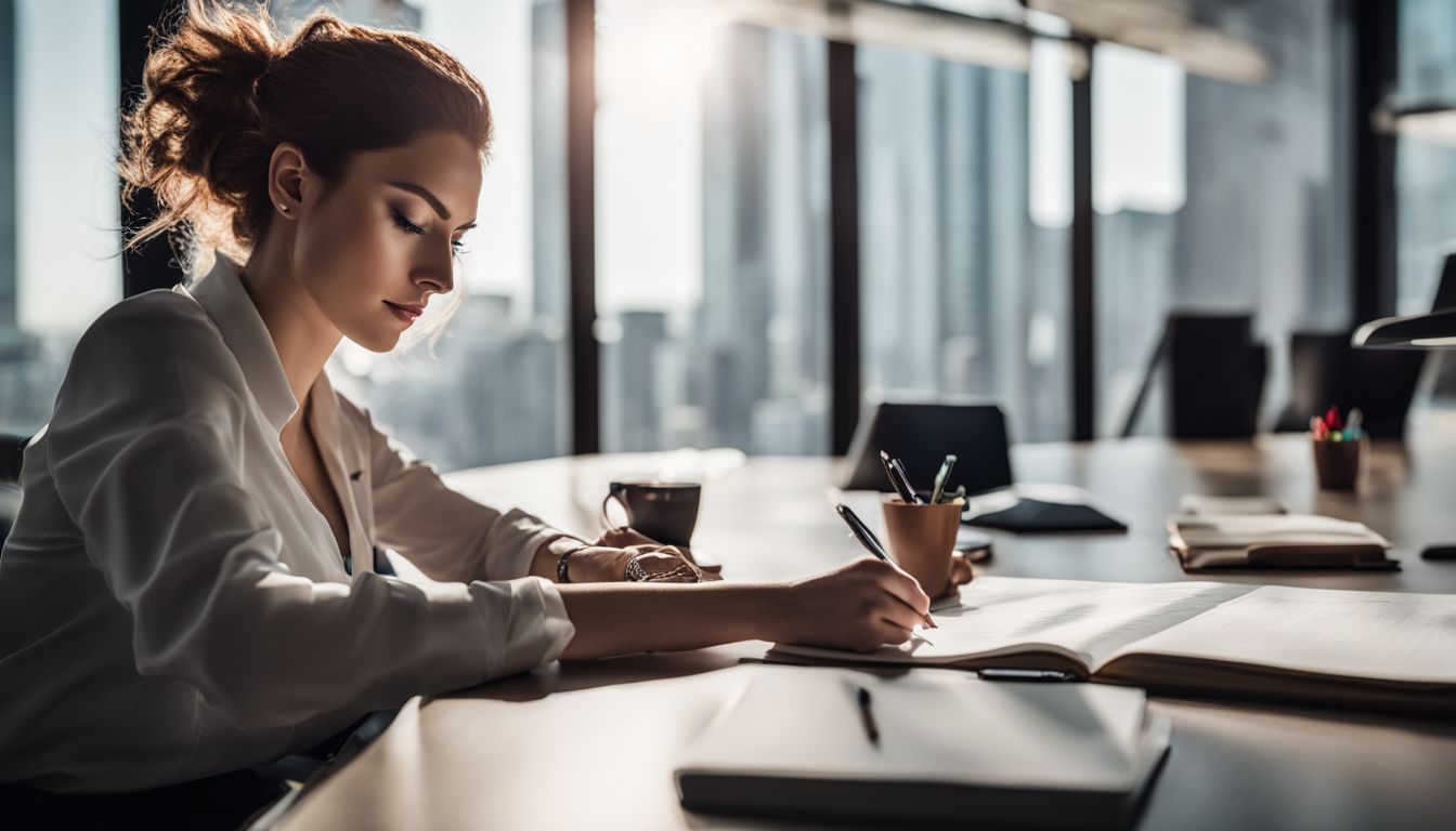 A person writing at a modern desk in a bustling office.