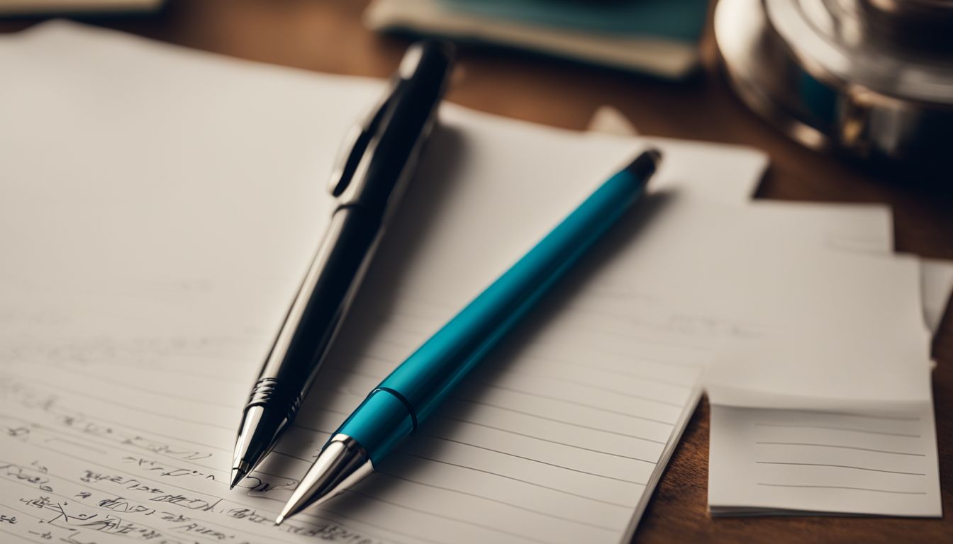 A close-up of a ballpoint pen and various writing materials on a desk.