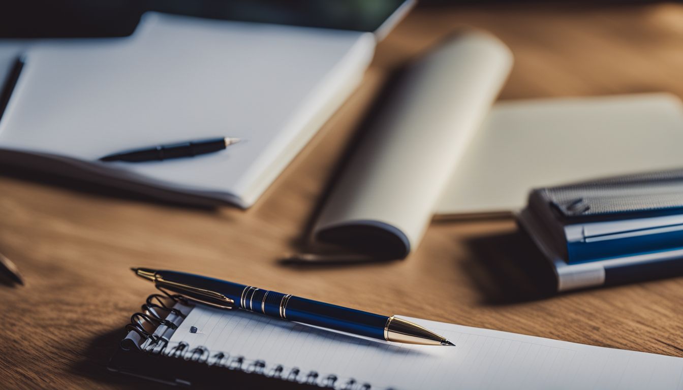 A ballpoint pen and writing supplies on a wooden desk.