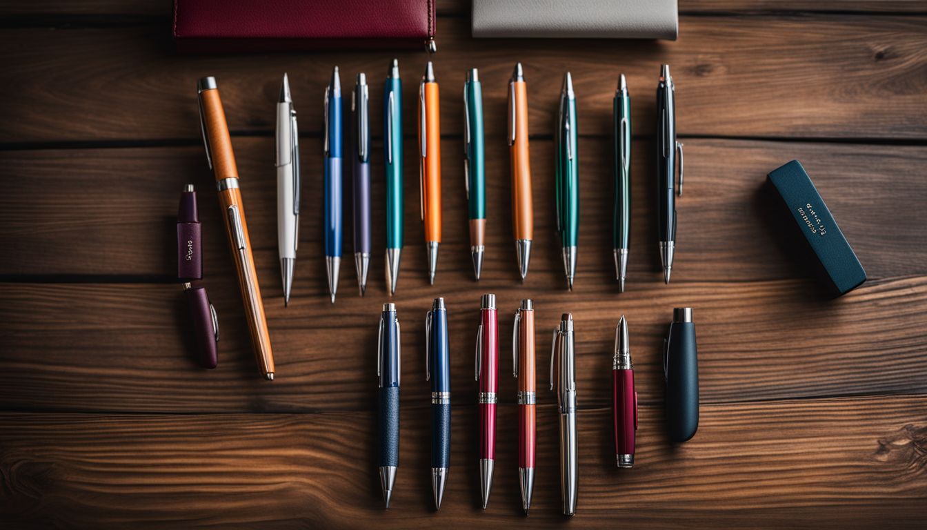 A collection of diverse pens on a wooden desk in an office setting.