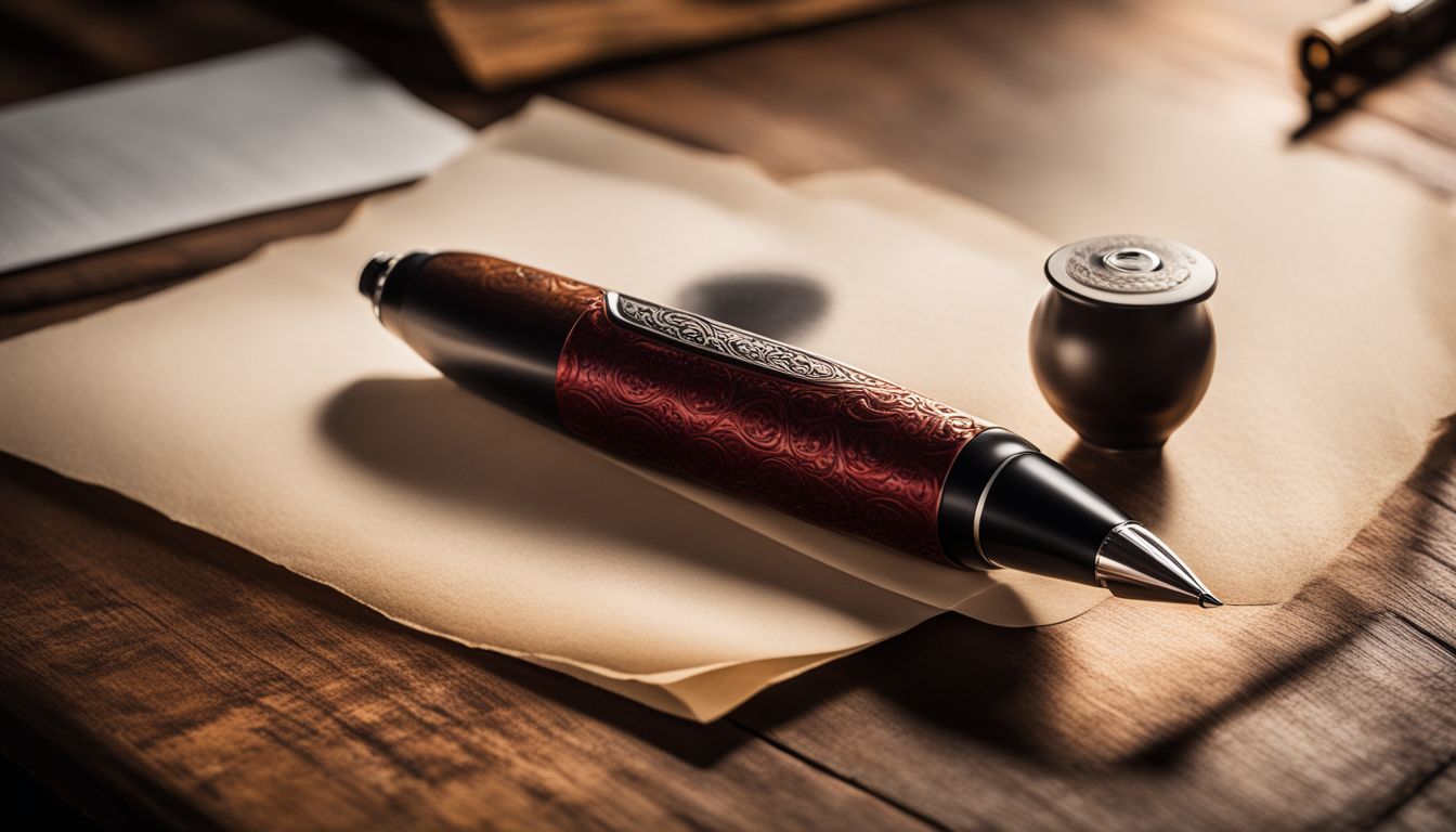 A close-up of a rollerball pen on a vintage wooden desk.