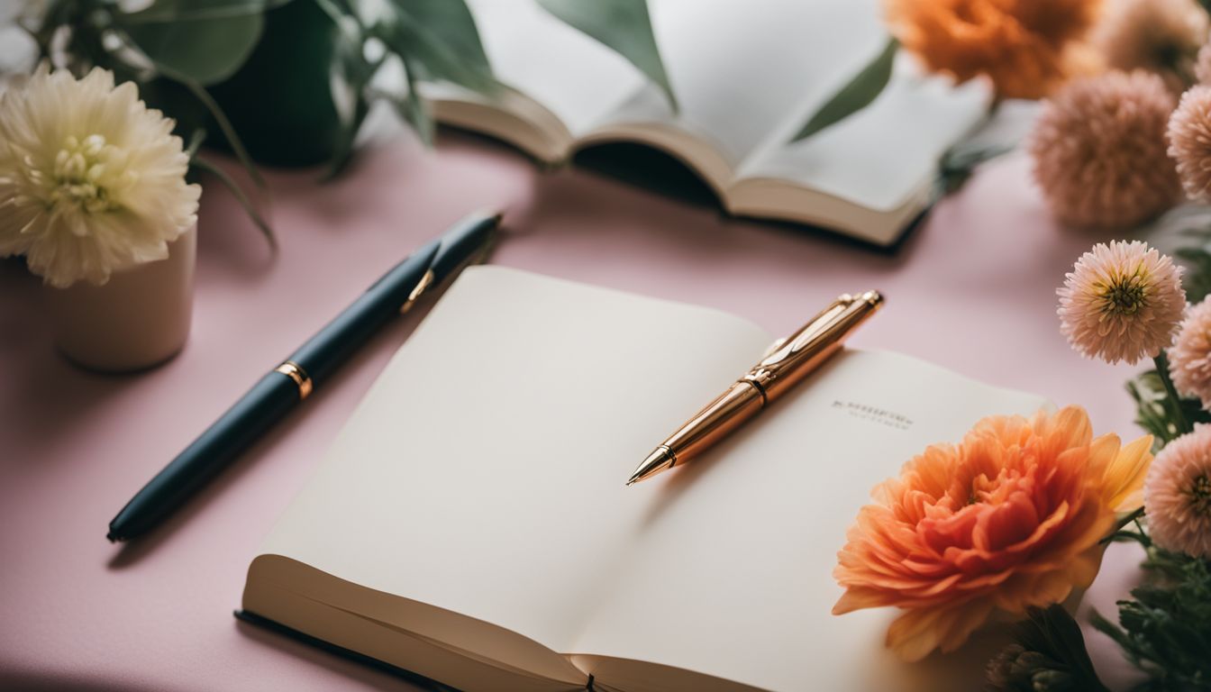 A stylish pen on a notebook surrounded by colorful flowers.