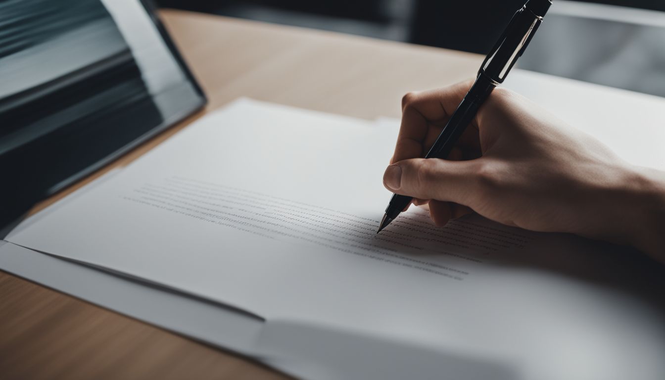 A hand writing with a rollerball pen on a blank page in a modern office setting.