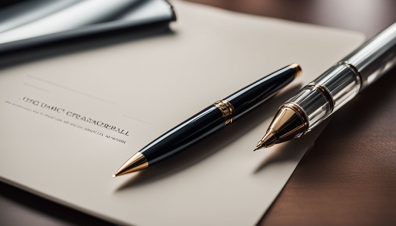 A rollerball pen glides across smooth paper in a luxurious office.