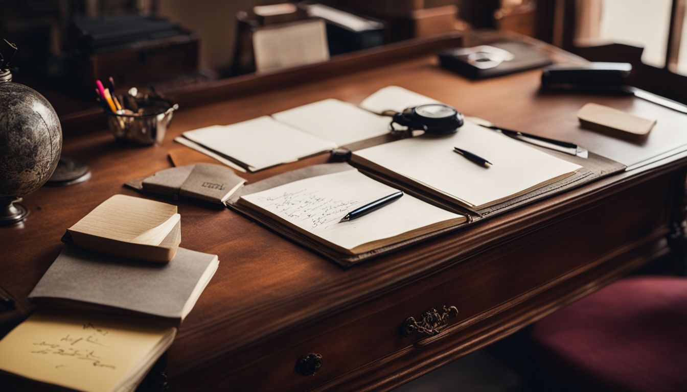 A ballpoint pen on a vintage desk surrounded by handwritten notes.