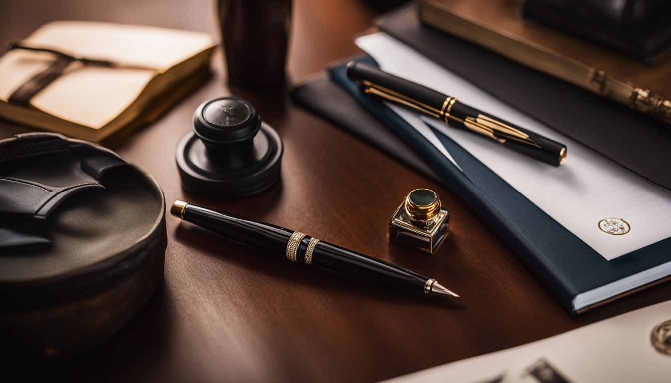 A luxurious fountain pen placed on a mahogany desk in a busy city.