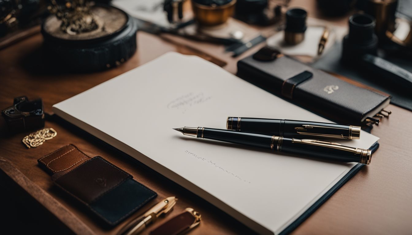 A Wality 69 fountain pen surrounded by writing essentials on a desk.