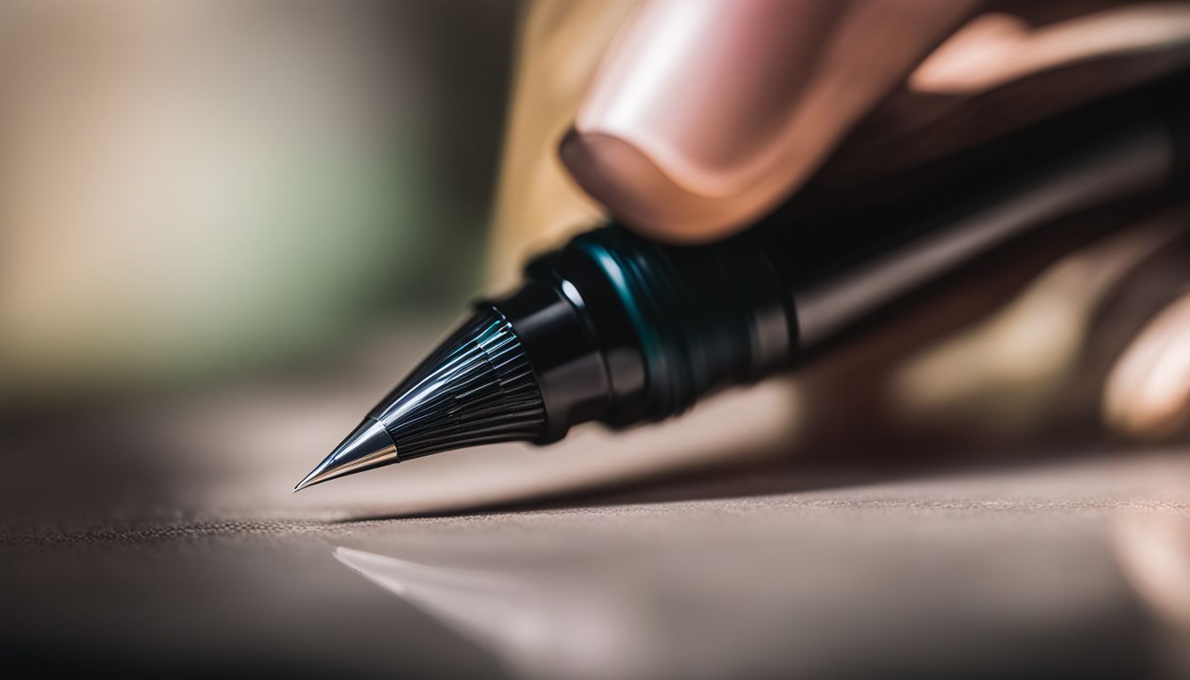 A magnifying glass inspecting a fountain pen nib in close-up.